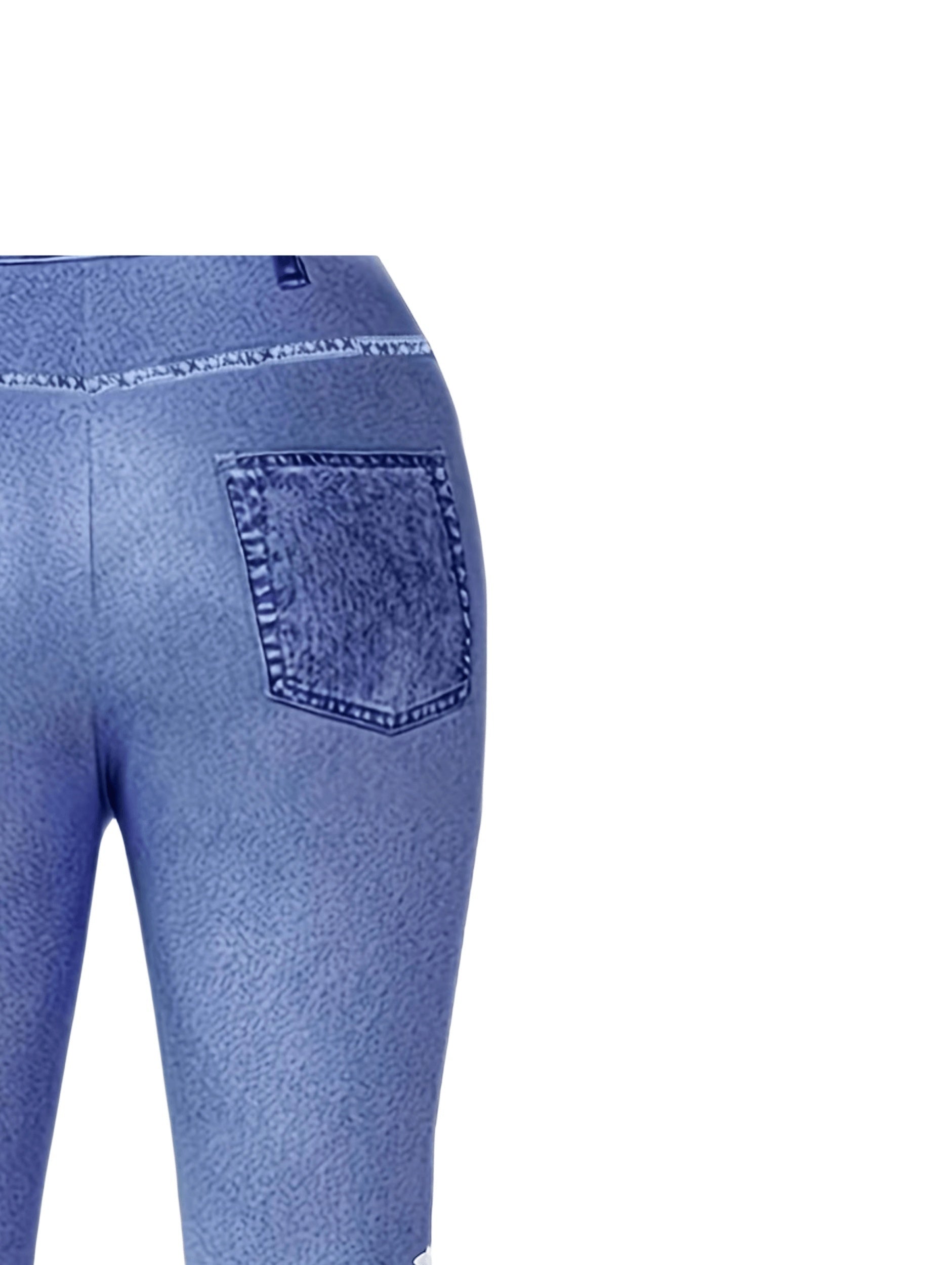 Plus Size Denim Print Faux Pocket Skinny Pants Breathable Stretch Trousers