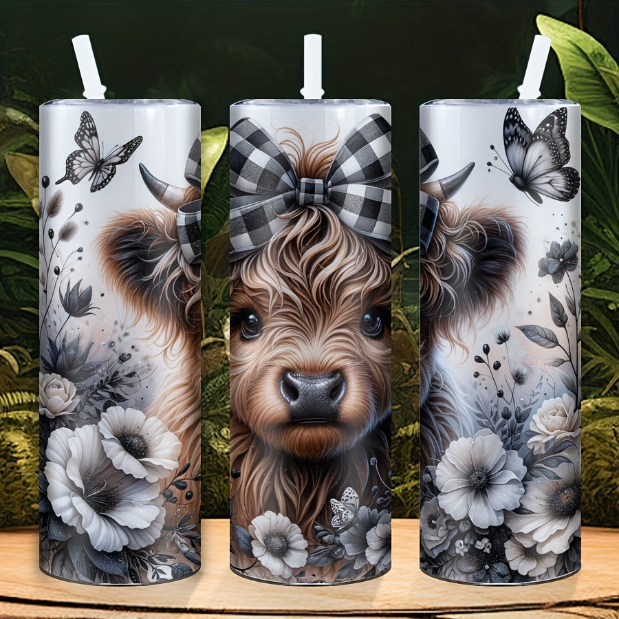 20 унций Стальной стакан с изображением высокландского быка и цветами, идеально подходит для Дня матери, Дня отца, дней рождения и вечеринок - Только ручная стирка, без ПВХ (1 упаковка).