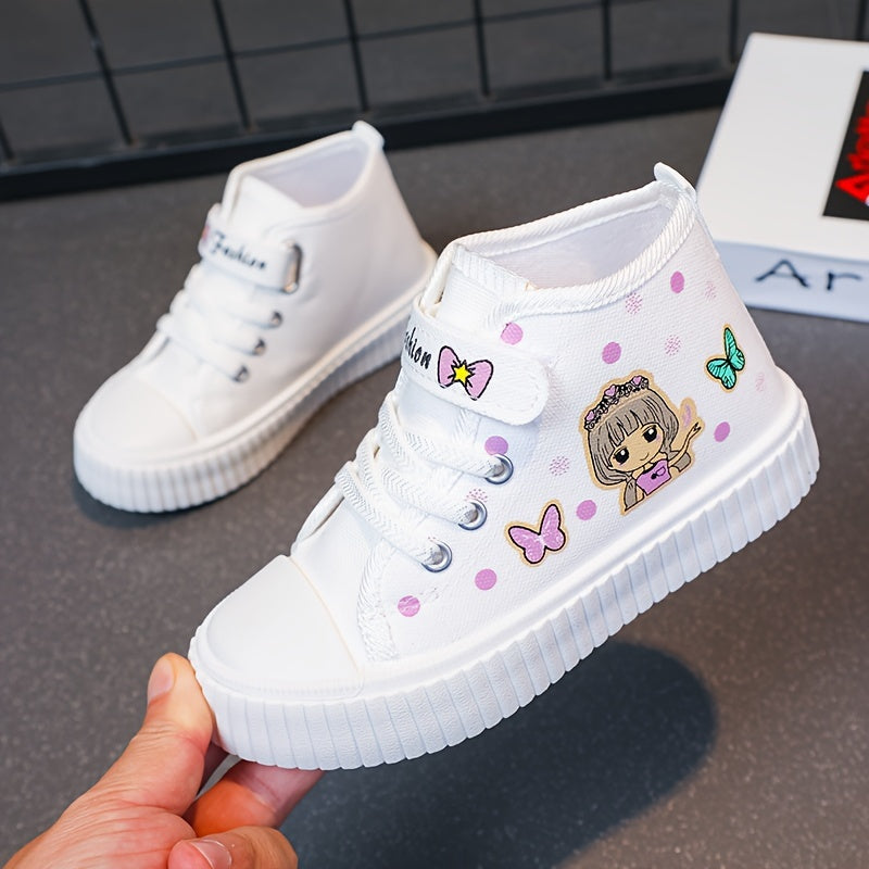 Girls' Canvas Sneakers with Cartoon Pattern, Ruffled Details, Hook-and-Loop Closure