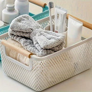 Rectangular Storage Basket with Wooden Handles, Multi-Compartment, Versatile Use for Bathroom Kitchen Bedroom Office Outdoors