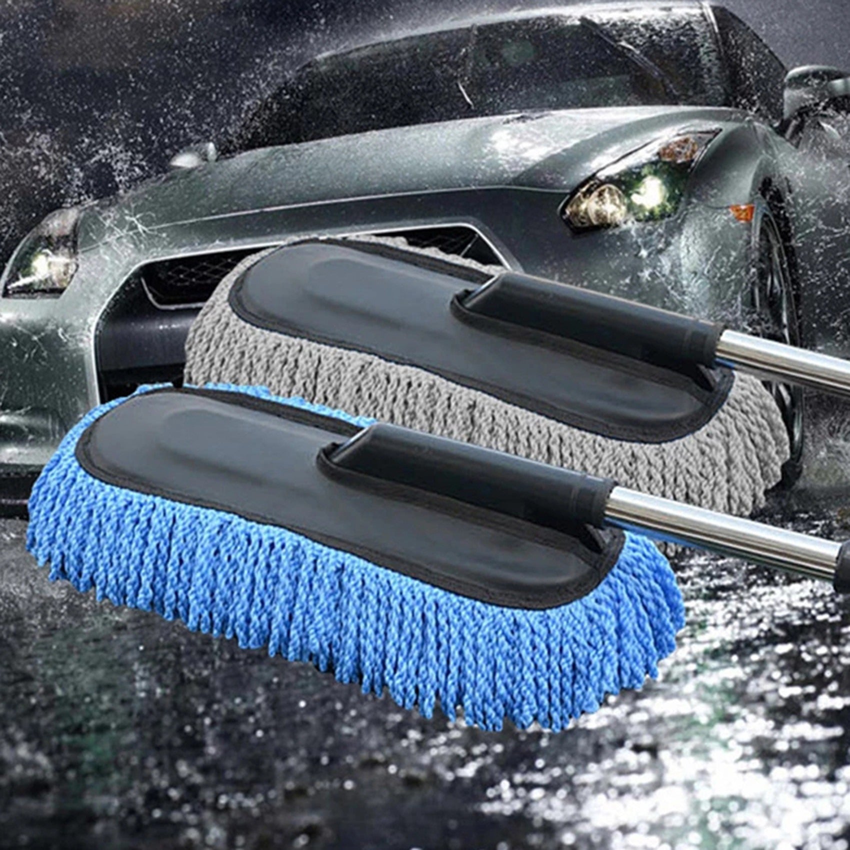 Extendable Car Wash Mop with Detachable Microfiber Pads and Stainless Steel Handle