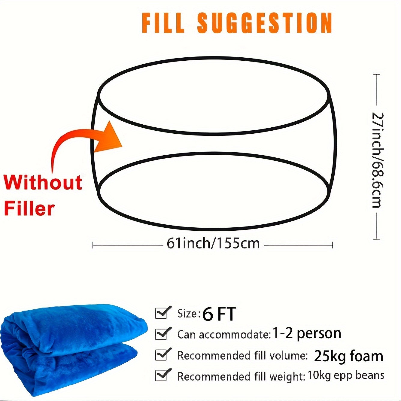 Black Plush Bean Bag Chair Cover Removable Zippered Slipcover for Living Room and Bedroom