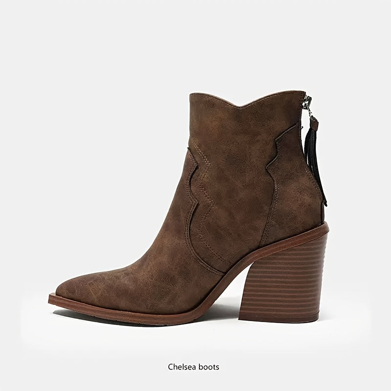Women's Chunky Block Heel Boots Brown Pointed Toe Zipper Slip-Resistant All-Season