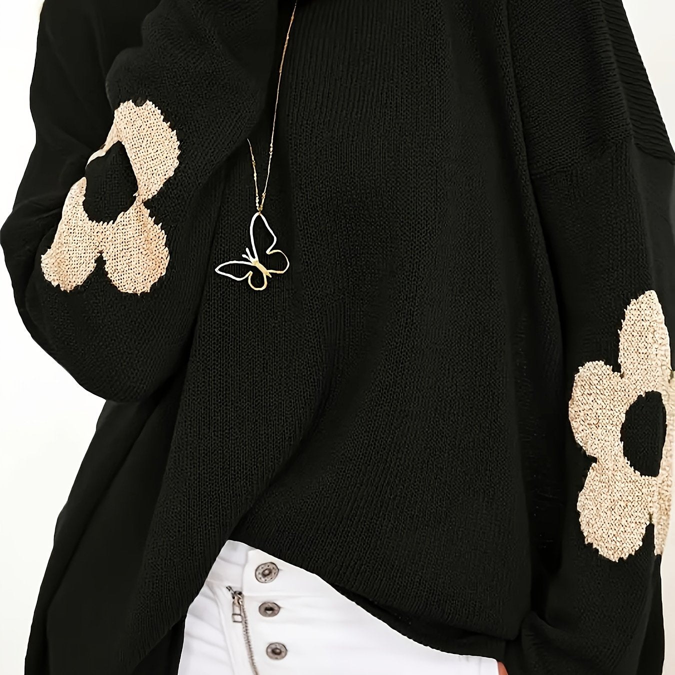 Plus Size Women's Olive Green Jacquard Sweater Long Sleeve Round Neck Autumn Winter