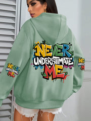 Plus Size Women’s Hoodie Fleece-Lined Graffiti Print Green Fall Winter