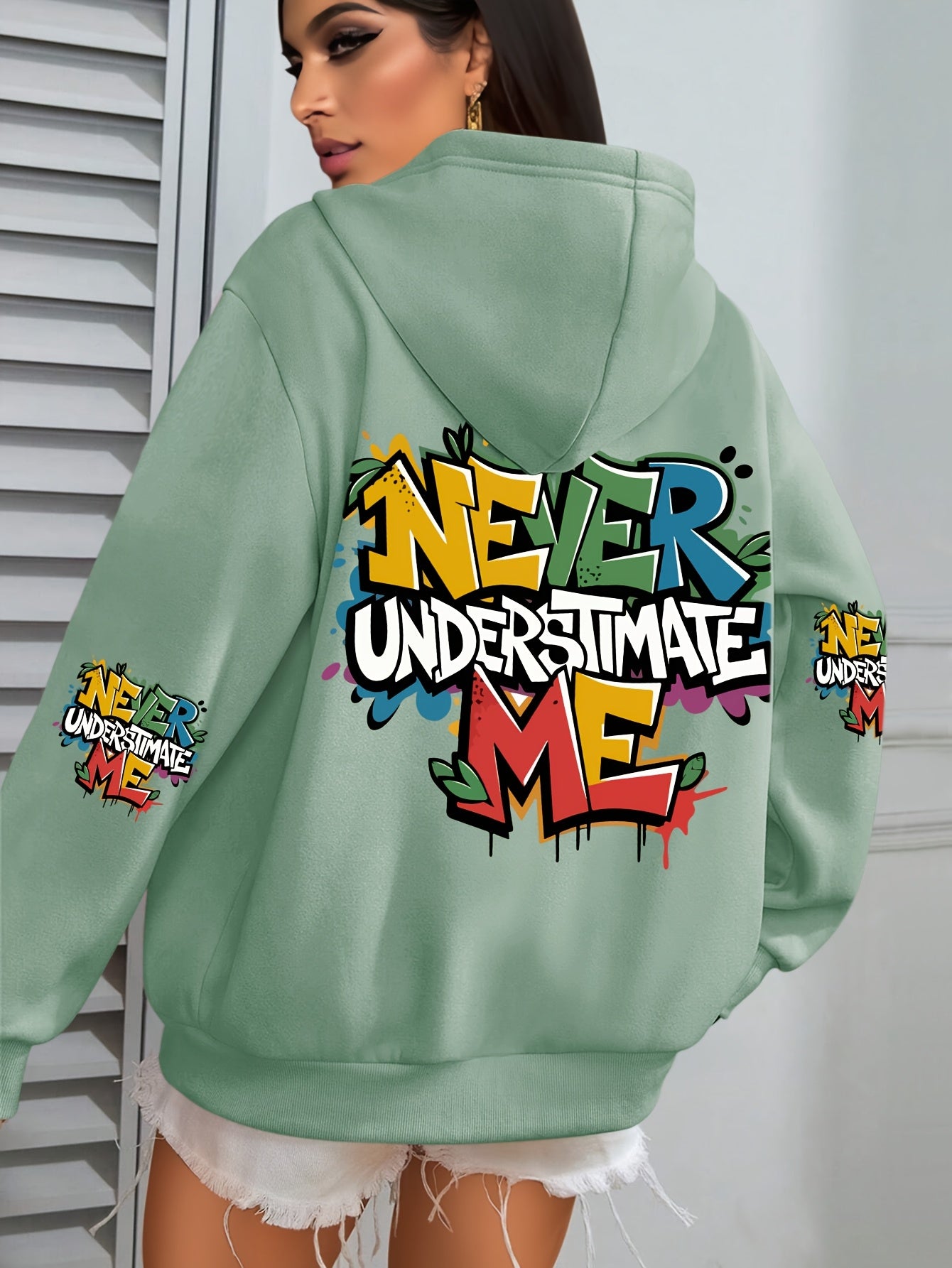 Plus Size Women’s Hoodie Fleece-Lined Graffiti Print Green Fall Winter