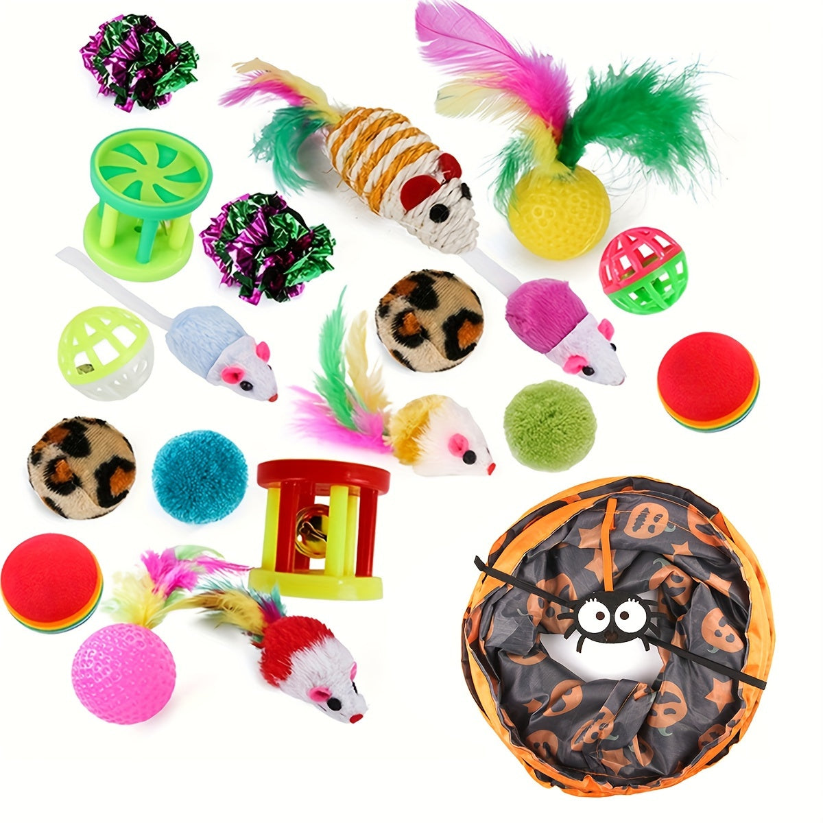 22-Piece Cat Toy Set with Tunnel Crinkle Balls Feathers Playballs for Indoor Cats