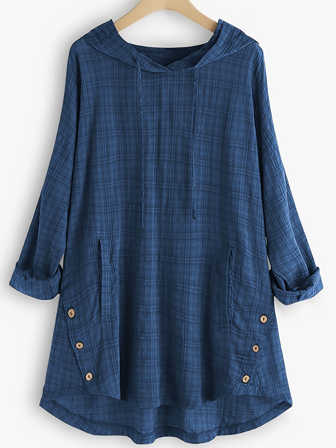 Women's Plaid Hooded Shirt with Asymmetrical Design and Waist Tie