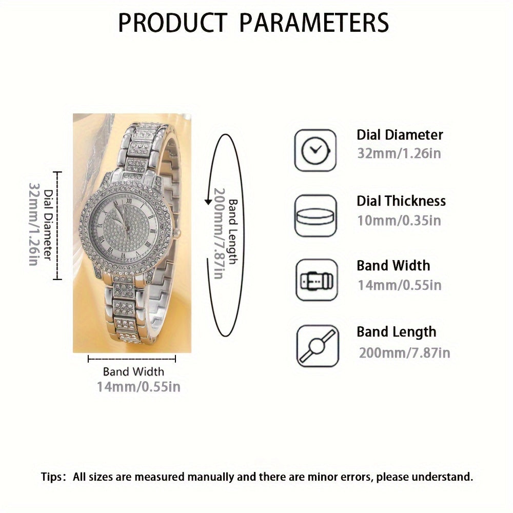 Set of 6 Women's Luxury Rhinestone Quartz Watches with Roman Dial and Heart Jewelry