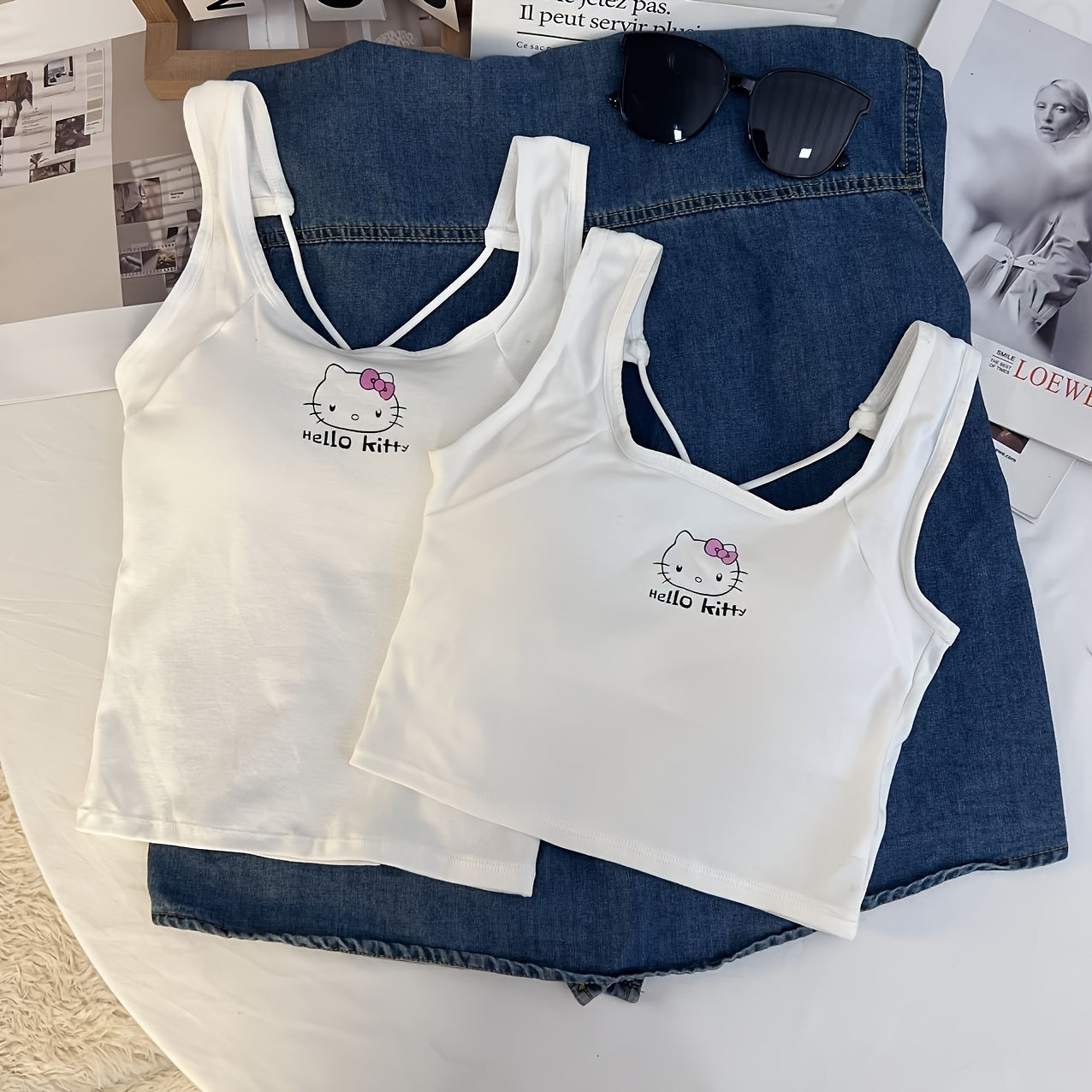 Anime-Themed Cotton Sleeveless Cropped Top for Women White with Pink Hello Kitty Design