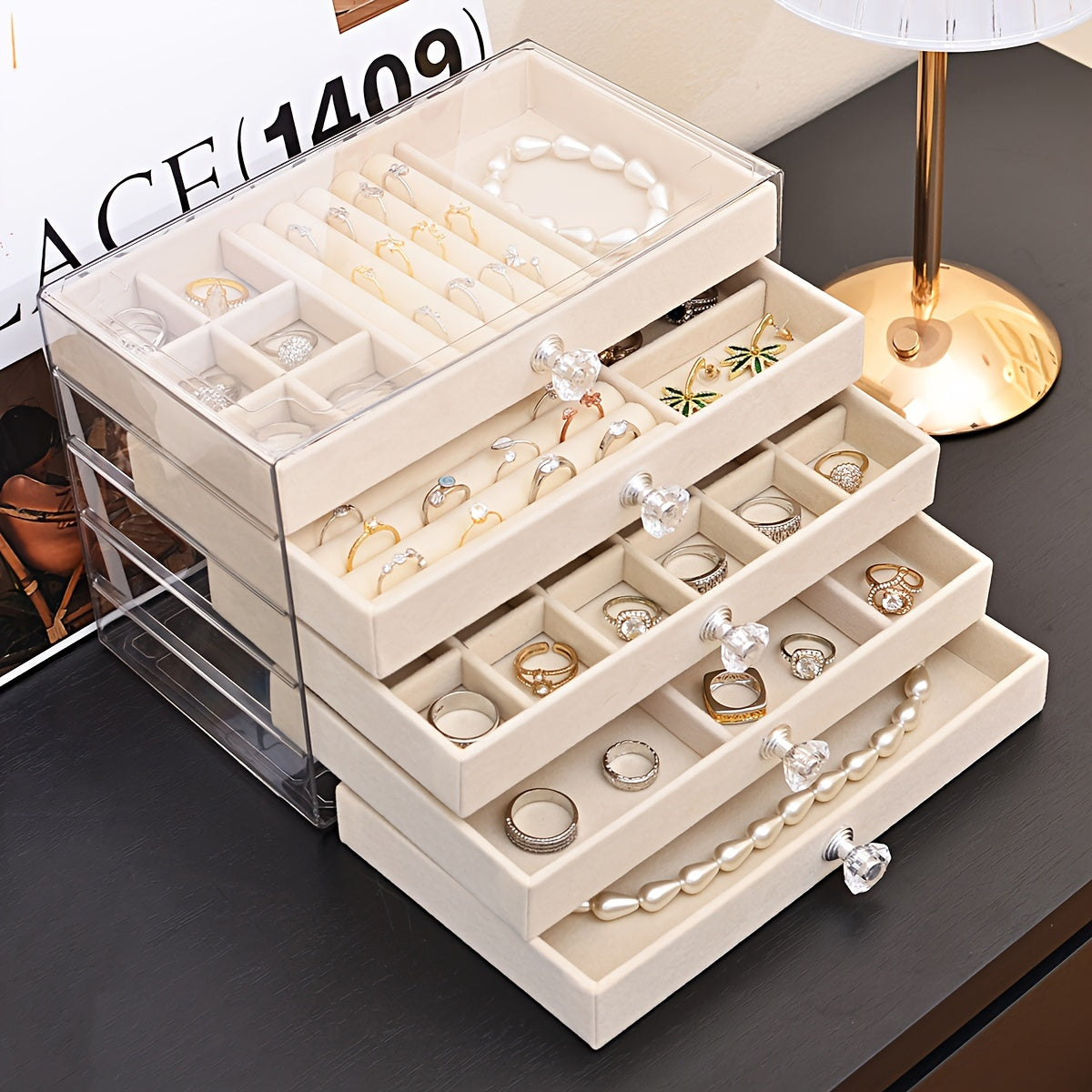 Velvet Jewelry Organizer with 5 Tiers Drawer Storage for Rings Earrings Necklaces and Bracelets