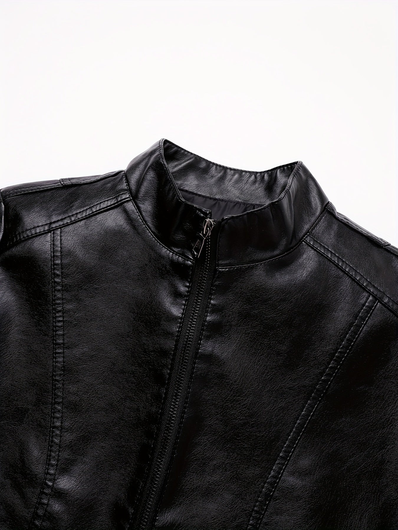 Men's Casual Woven Polyurethane Jacket with Stand Collar Zipper Pockets