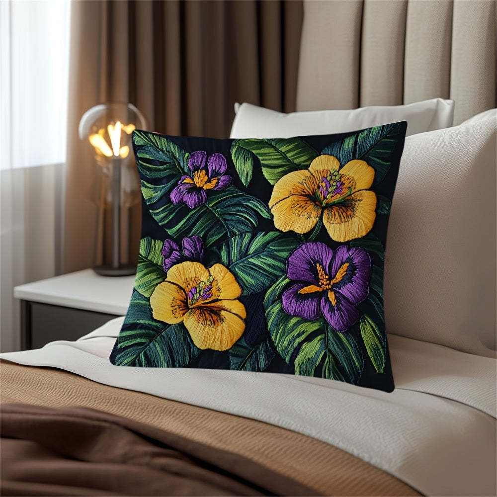 Square Pillow Cover with Tropical Floral Embroidery Polyester Zipper Closure for Home or Office Decor