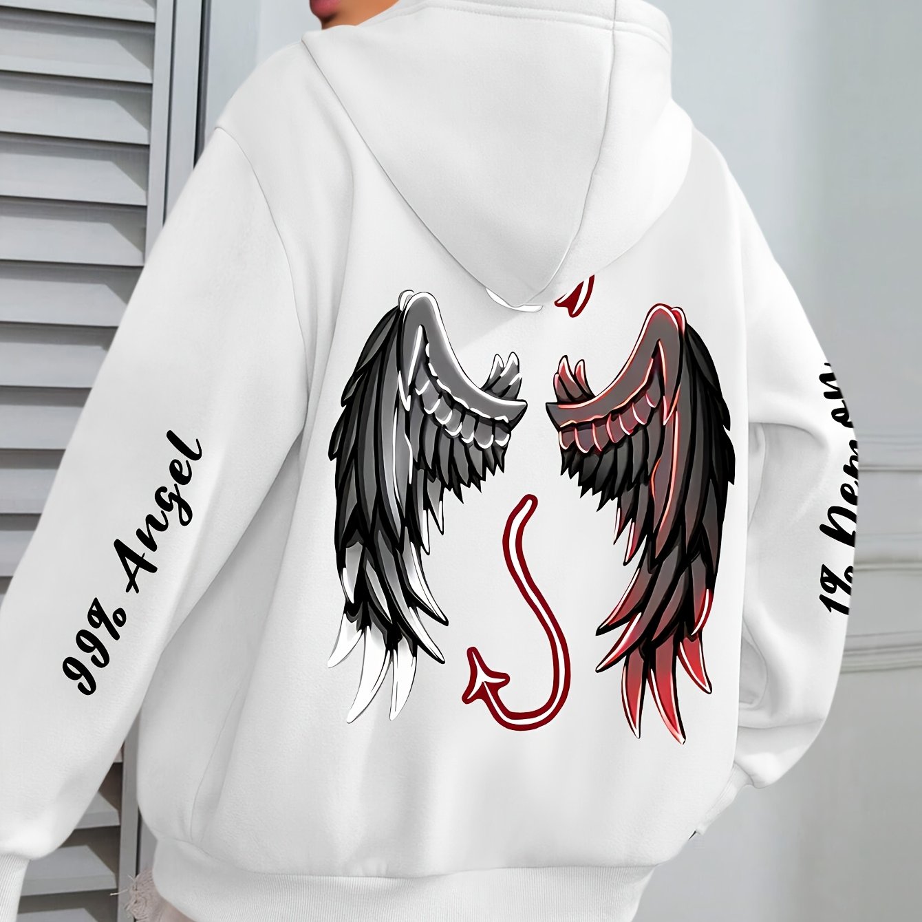 Plus Size Women's Angels & Demons Print Hoodie Long Sleeve Sweatshirt