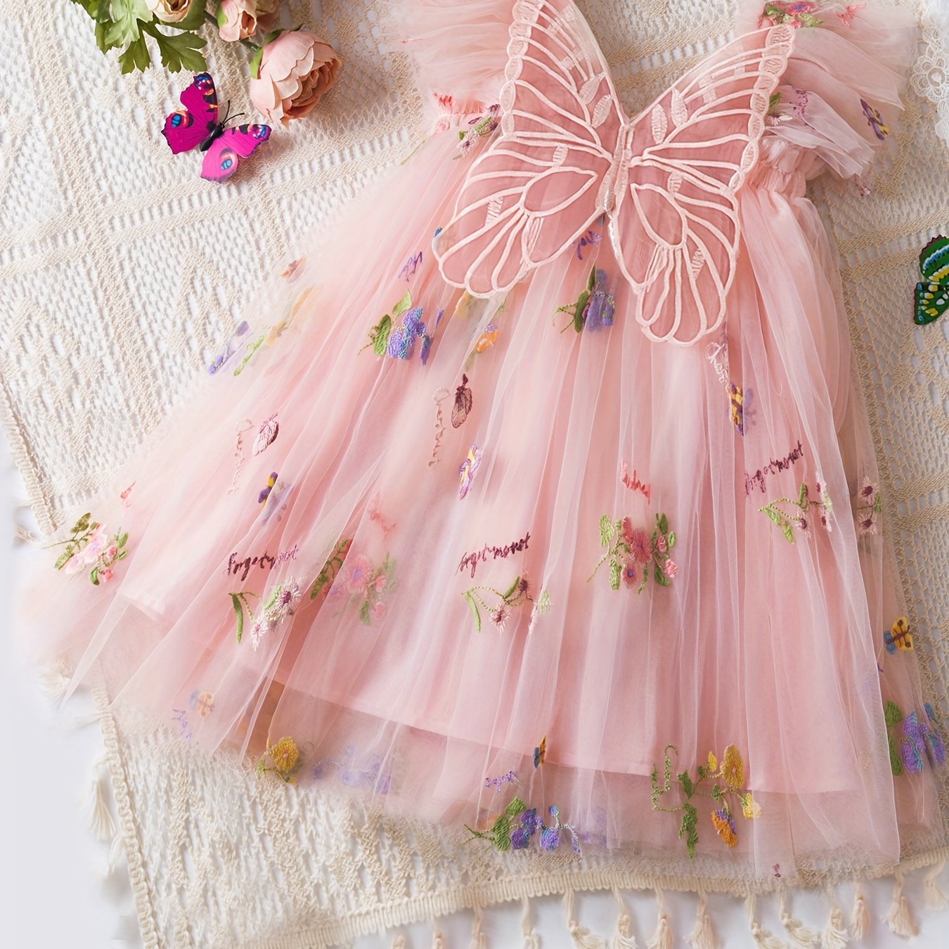 Girls Butterfly Princess Dress with Wings Floral Mesh for Girls Summer Holiday Party
