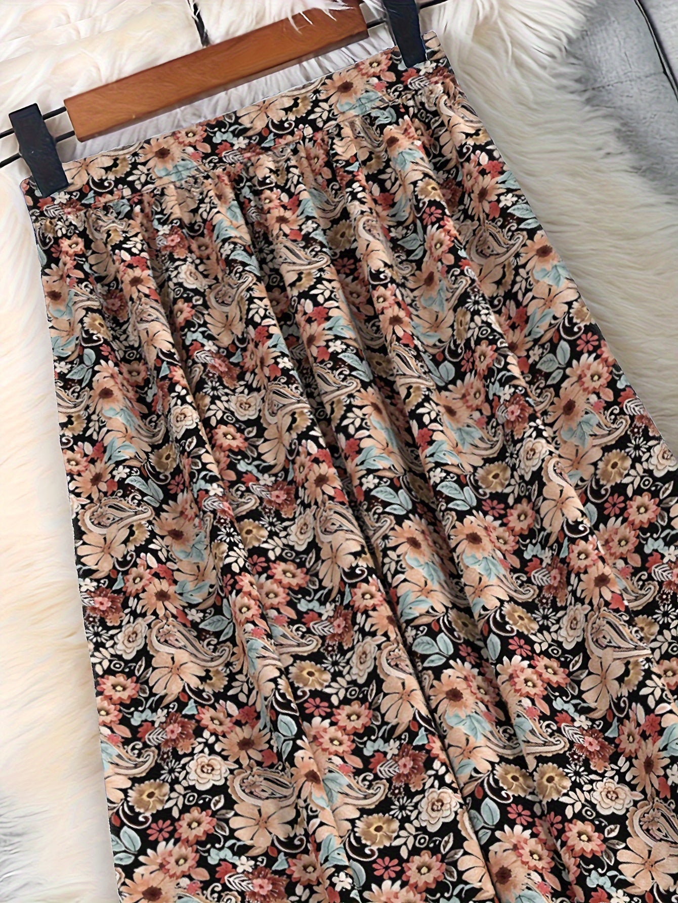 Women's Flared Floral Print Skirt Lightweight Beige Casual Summer Fall