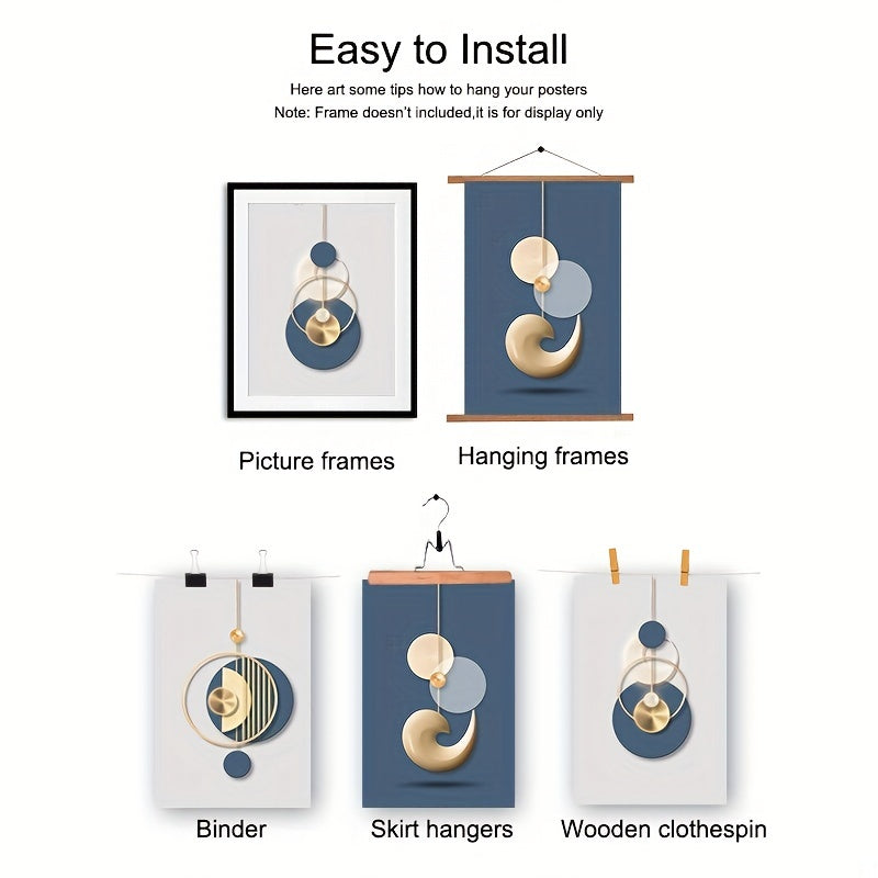3-chi bo‘lak zamonaviy devor san’ati to‘plami, oltin va ko‘k abstrakt kanvas chop etishlar, yashash xonasi va ofis uchun ramkasiz