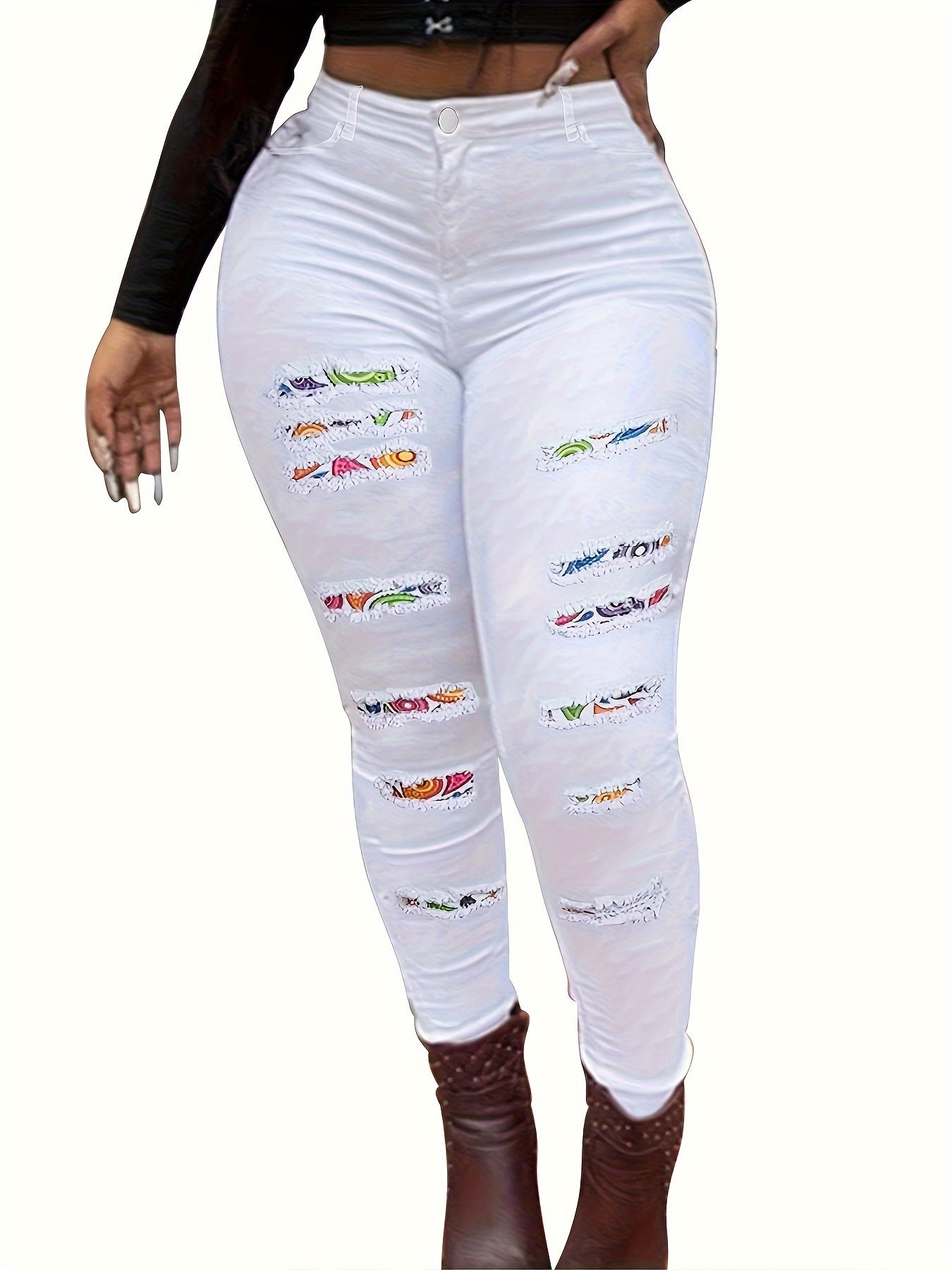 Plus-Size Women's High-Waisted Ripped Denim Skinny Jeans with Color Block Patchwork