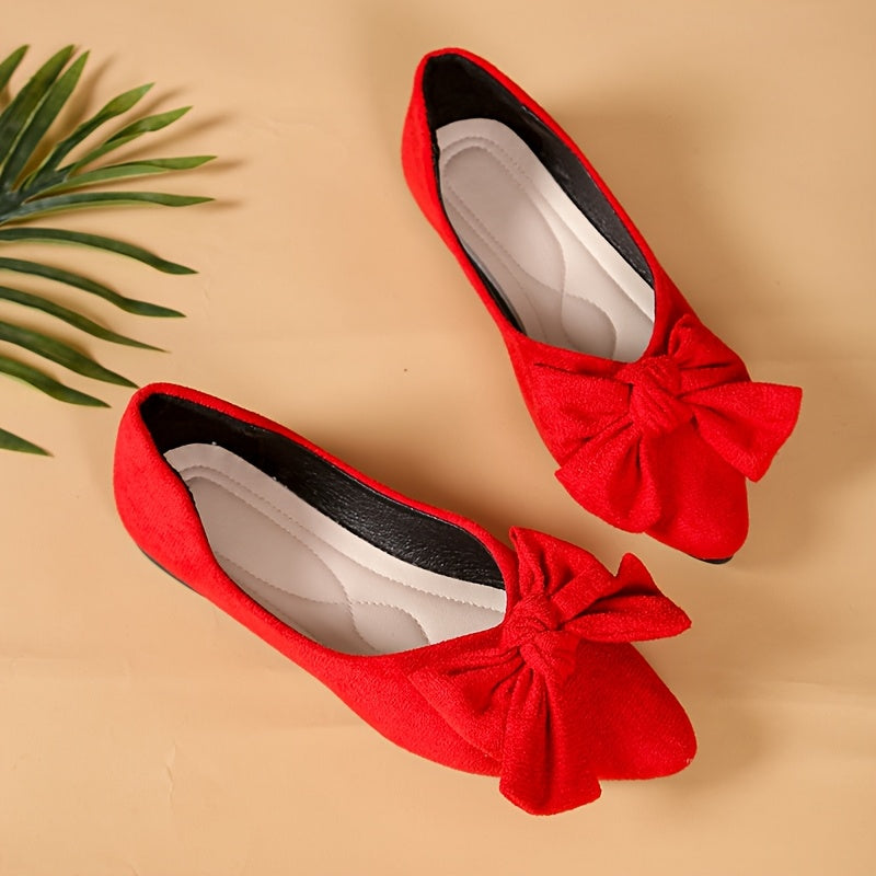 Women's Mary Jane Flats with Bow Detail - Pointed Toe Slip-On Comfortable Shoes