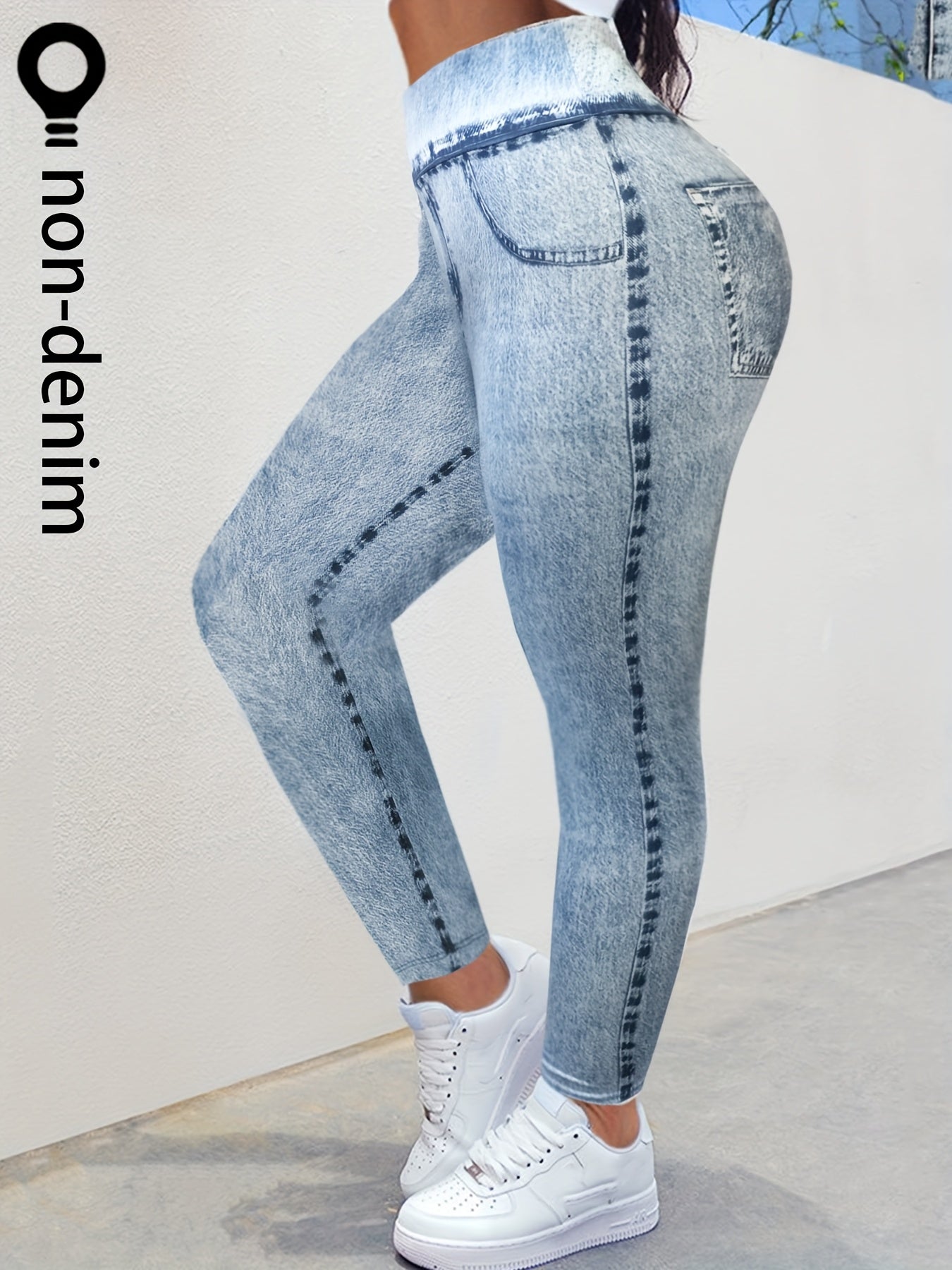 Plus Size Women's Faux Denim Print Leggings Comfort Fit Stretch Jeggings