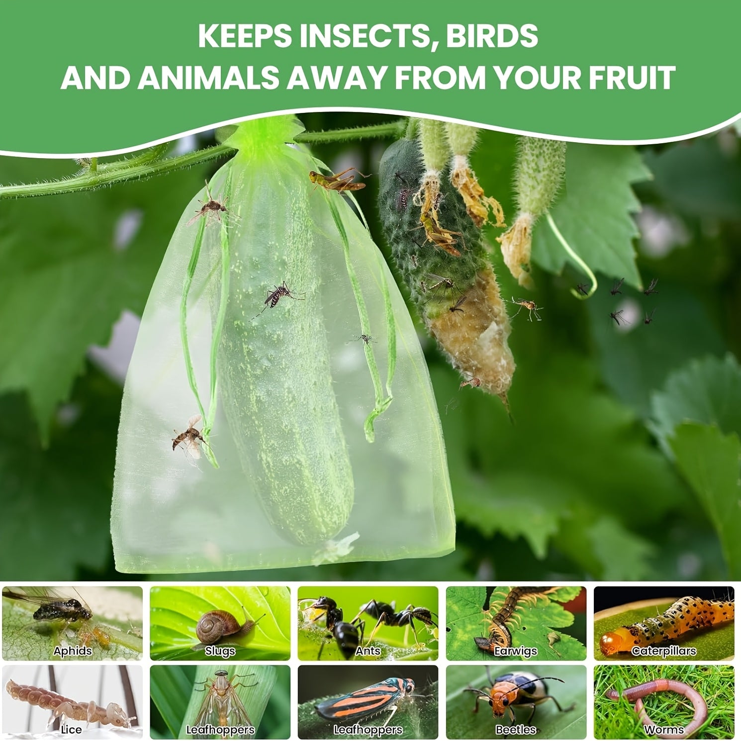 100 зеленых сетчатых мешков с шнурком для защиты от вредителей и роста растений