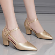 Women's High Heel Pumps with Buckle Strap Pointed Toe Black Floral Embossed