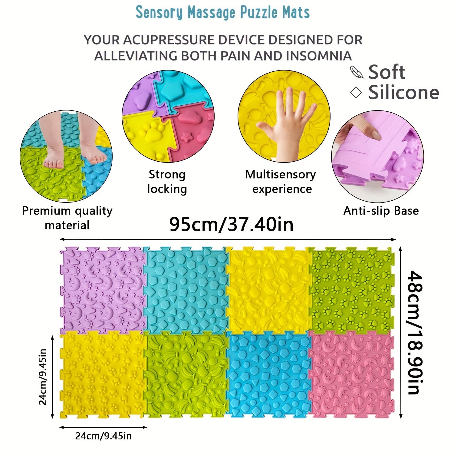 Sensory Tiles Puzzle Floor Mat - Bolalar Sensory xonasi uchun 8 dona to'plam, Tekstural gilam, Avtotransport massaj matosi, Avtizm uchun - Sensory ehtiyojlari bo'lgan bolalar uchun silikon massaj matosi