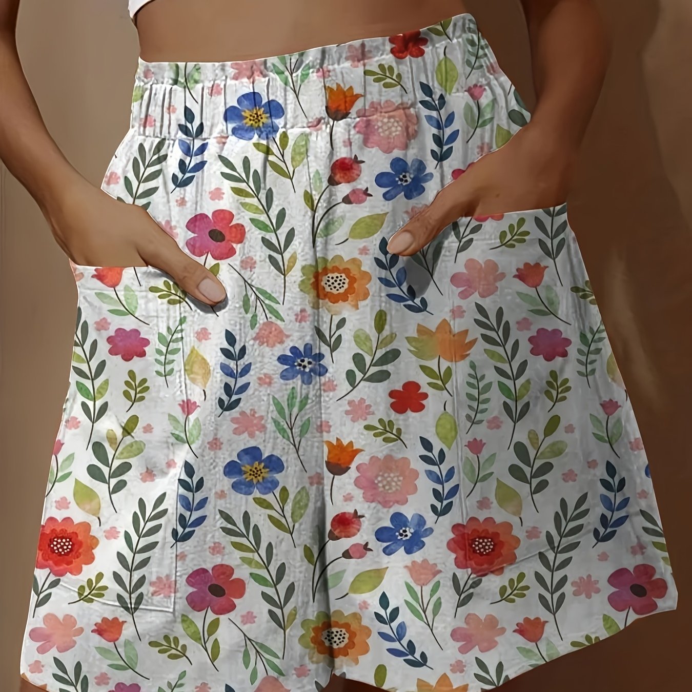 Шорты для женщин больших размеров с рюшами на талии, повседневные, с цветочным принтом и художественным дизайном