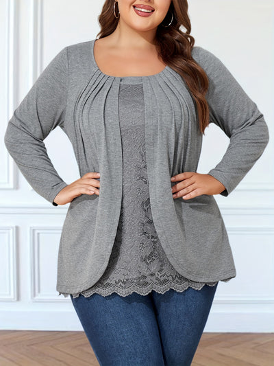 Plus Size Women's Lace Trim Pleated Long Sleeve T-Shirt Casual Summer Opaque