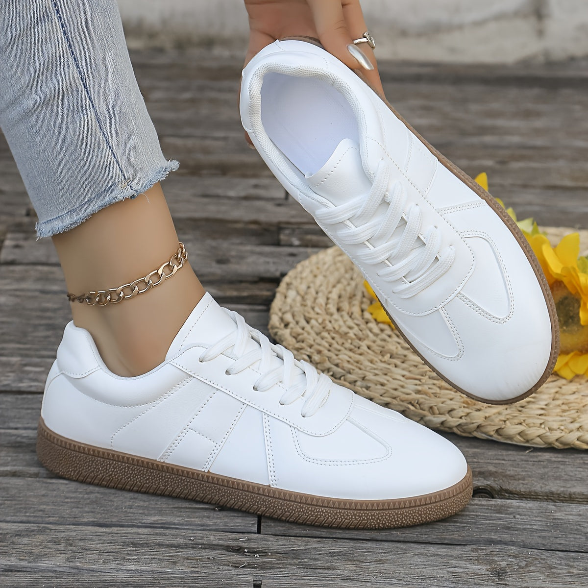 Women's White Casual Sneakers for All Seasons with Breathable PU Cover and Thick Sole