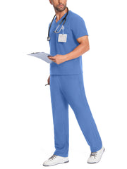 Men's Breathable Polyester Workwear Set V-Neck Top and Pants with Pockets for Pet Grooming and Lab Coats