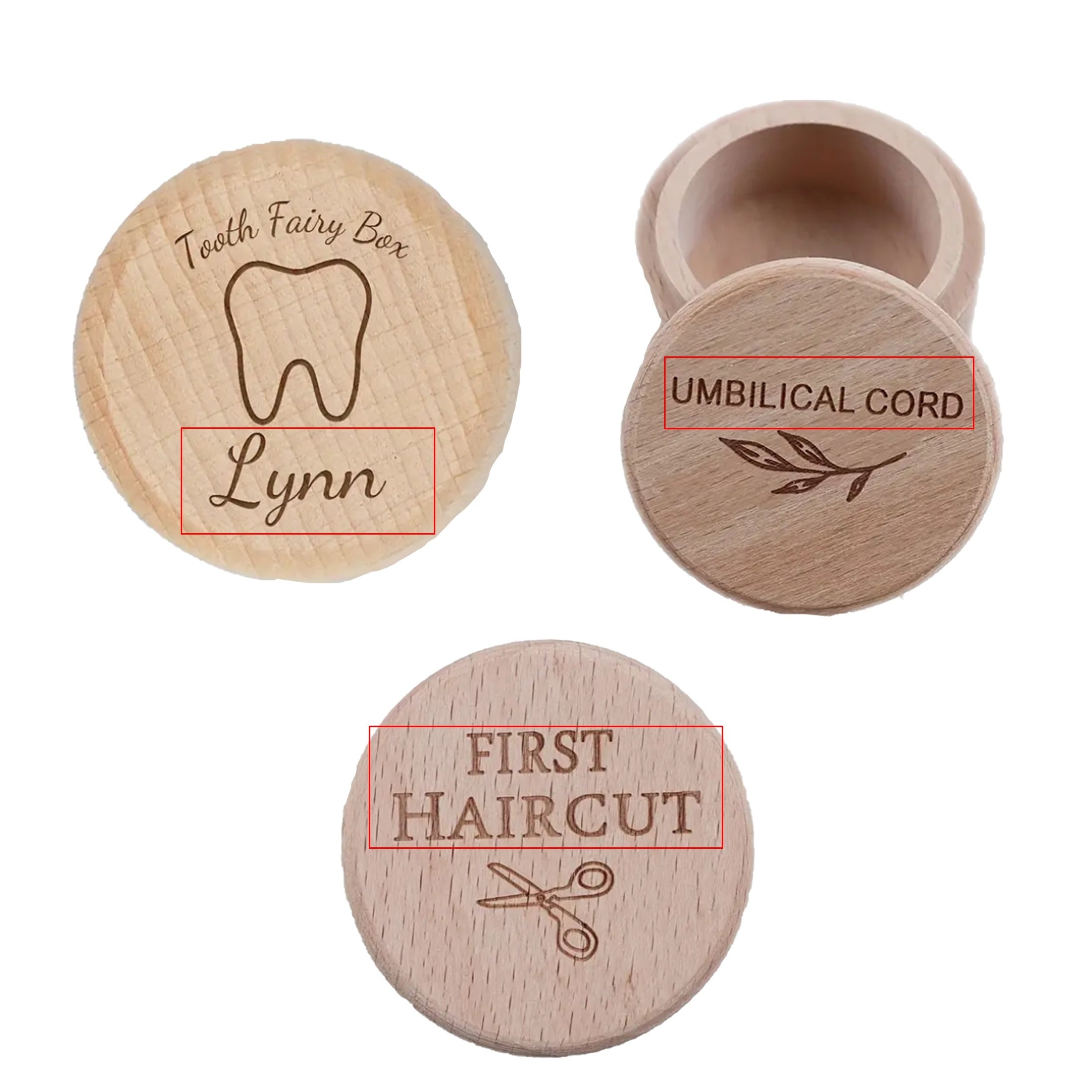 Set de caja de recuerdos de madera personalizada para el primer corte de cabello, hada de los dientes y almacenamiento de recuerdos del cordón umbilical