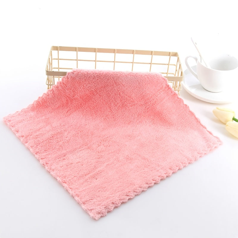 Set of 4 Coral Fleece Square Towels with Lace Trim, Soft Absorbent Kitchen Cloths