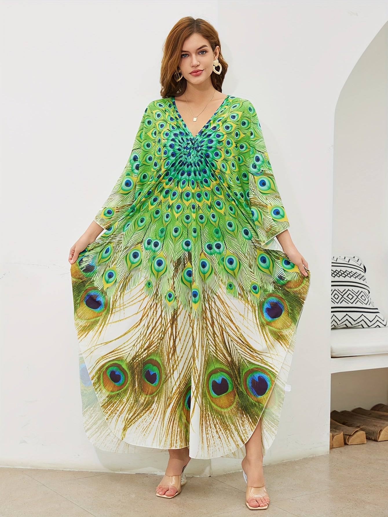 V-Neck Maxi Beach Cover-Up with Peacock Print and Split Details