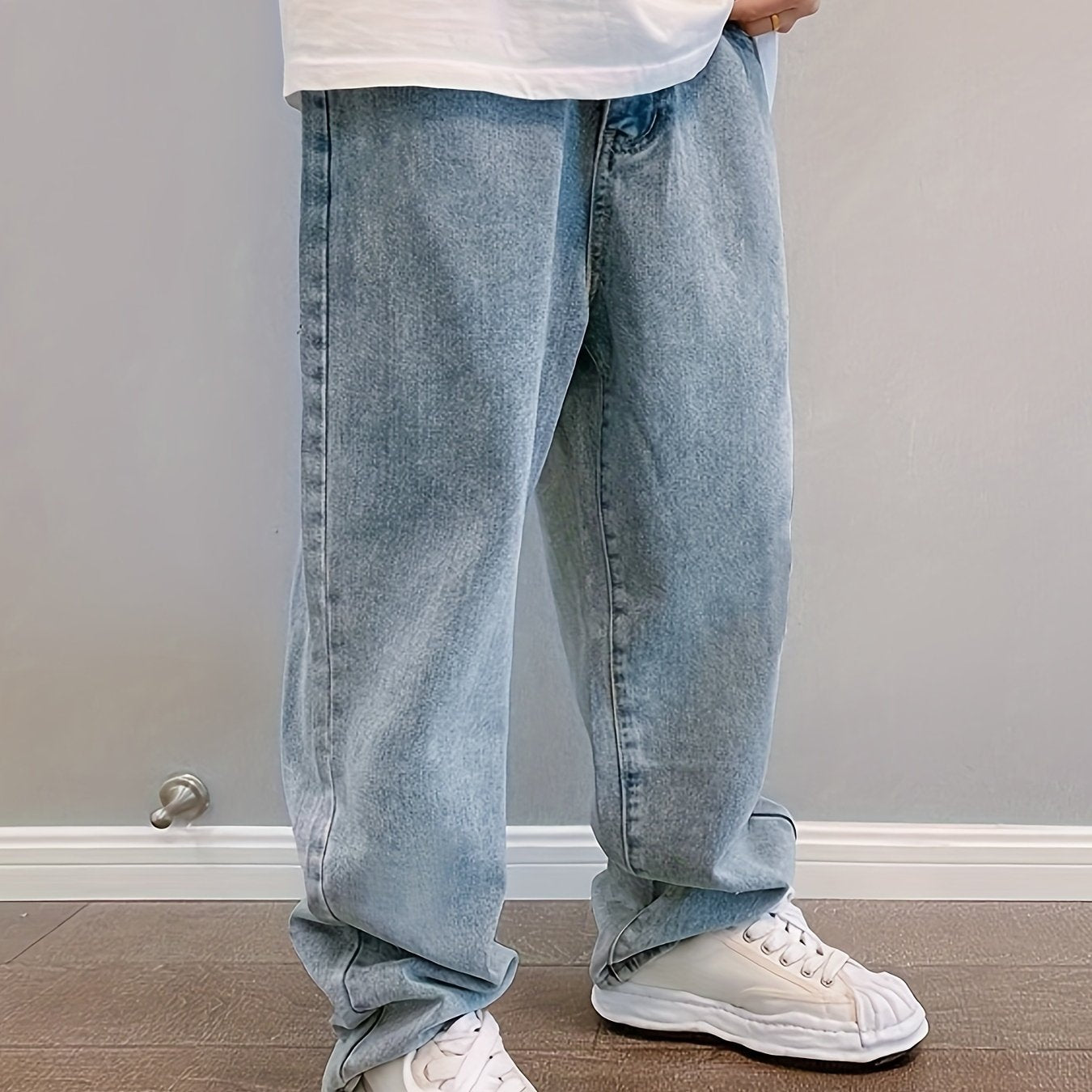 Jeans de algodón de pierna ancha para hombre con bolsillos, tiro medio, corte holgado, para todas las estaciones