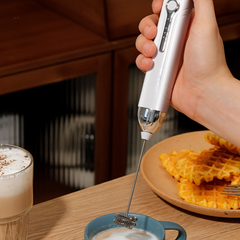 White Handheld Milk Frother with Stainless Steel Whisk and Interchangeable Heads