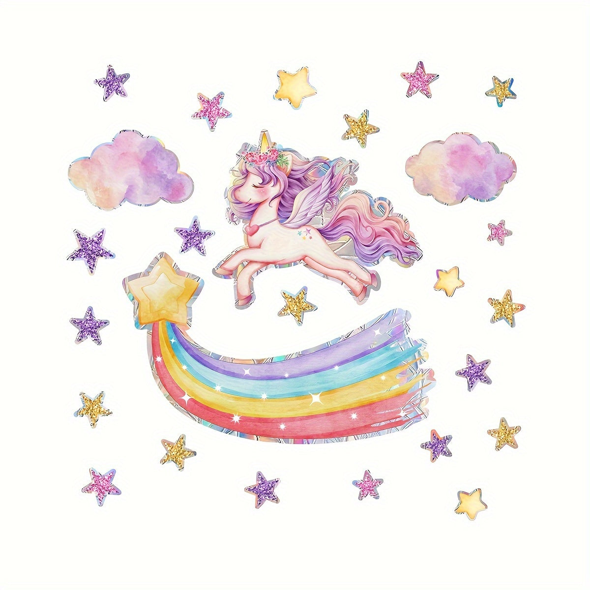 Reusable Rainbow Unicorn and Star Window Clings Matte PVC Static Decals for Glass