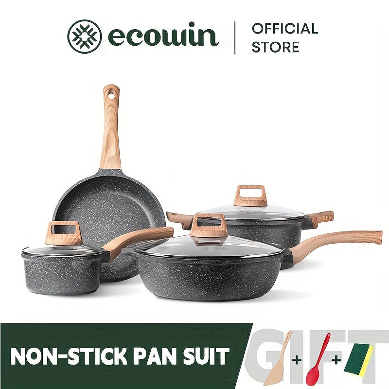 Non-Stick Cookware Set 4-Piece Maifan Stone Coating Frying Pan Wok Pots