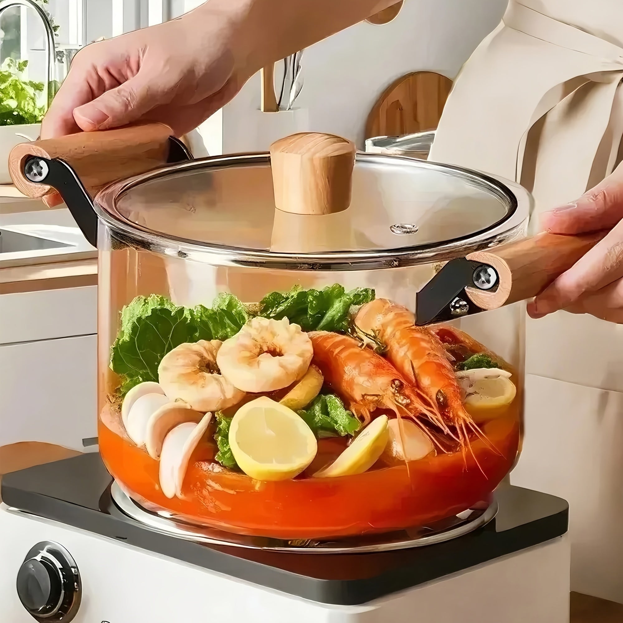 2.5L High Borosilicate Glass Simmer Pot with Wooden Handles, Heat-Resistant, Dishwasher Safe