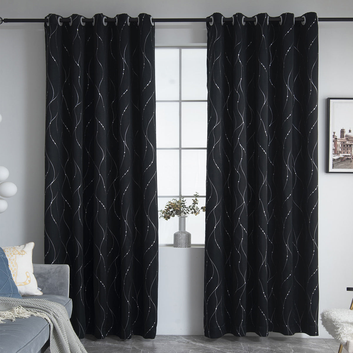 Blackout Curtain Elegant Silvery Wave Line Pattern Blackout Curtain for Living Room Bedroom Kitchen Bathroom