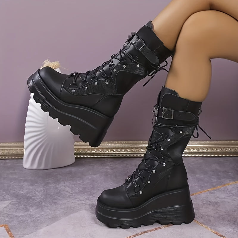 Unisex gotik punk platform o'rta tizza botinkalar, burqalar bilan, qish uchun