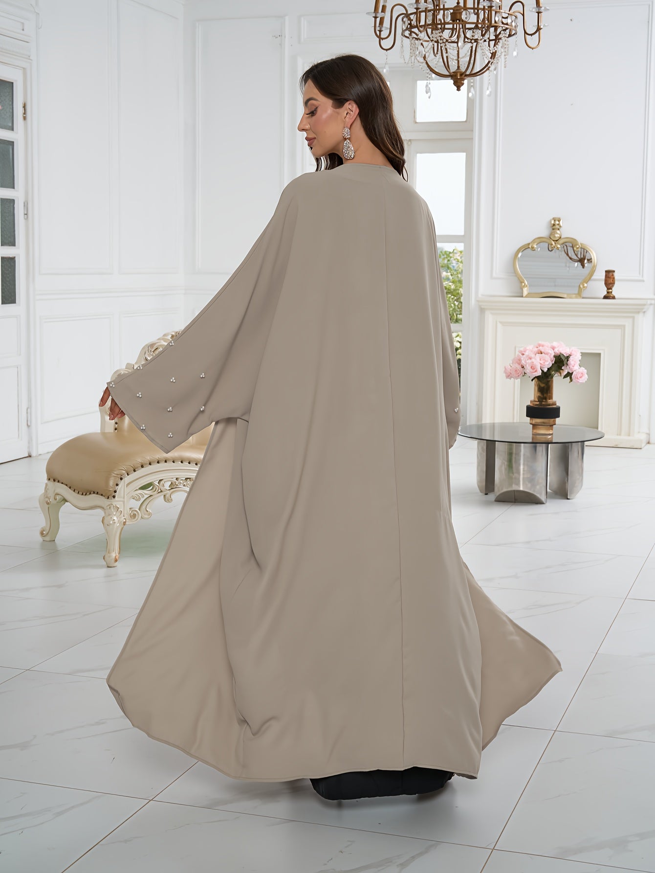 Plus Size Black Abaya With Pearl Embellishments for Women All-Season Kaftan