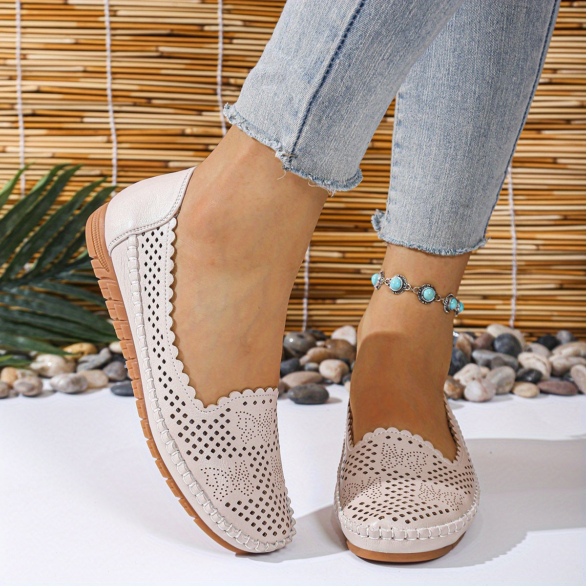 Women's Perforated Synthetic Loafers Slip-On Flats Beige White Cushioned