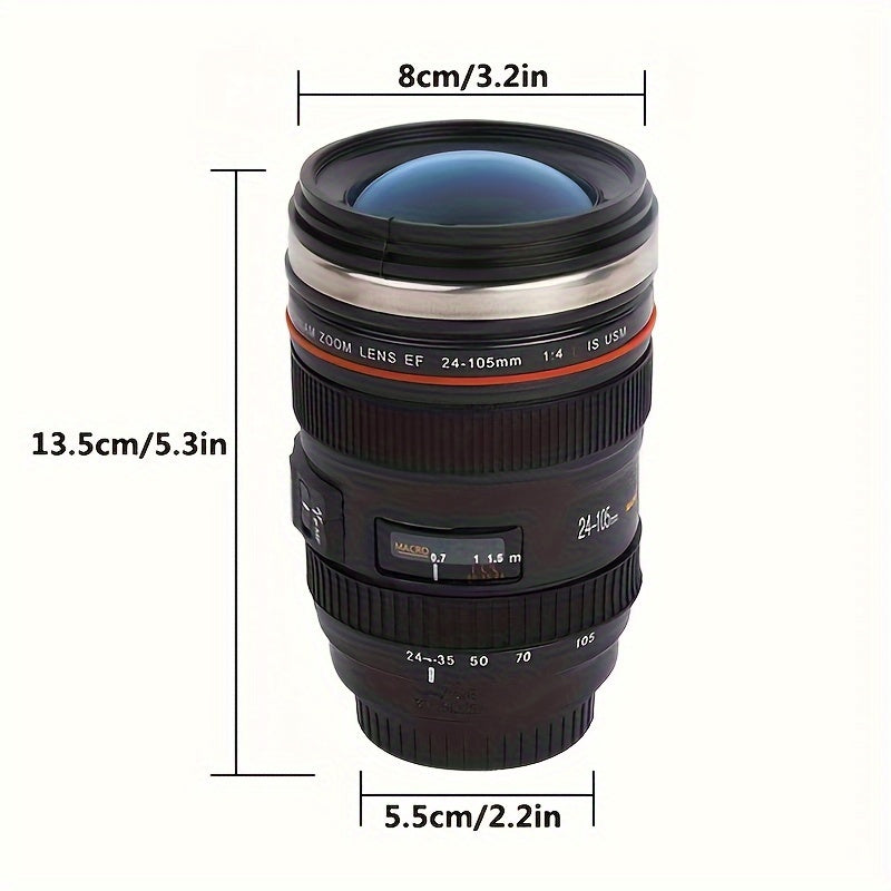 Stainless Steel Camera Lens Coffee Mug with Retractable Lid Travel Cup BPA-Free Novelty Drinkware