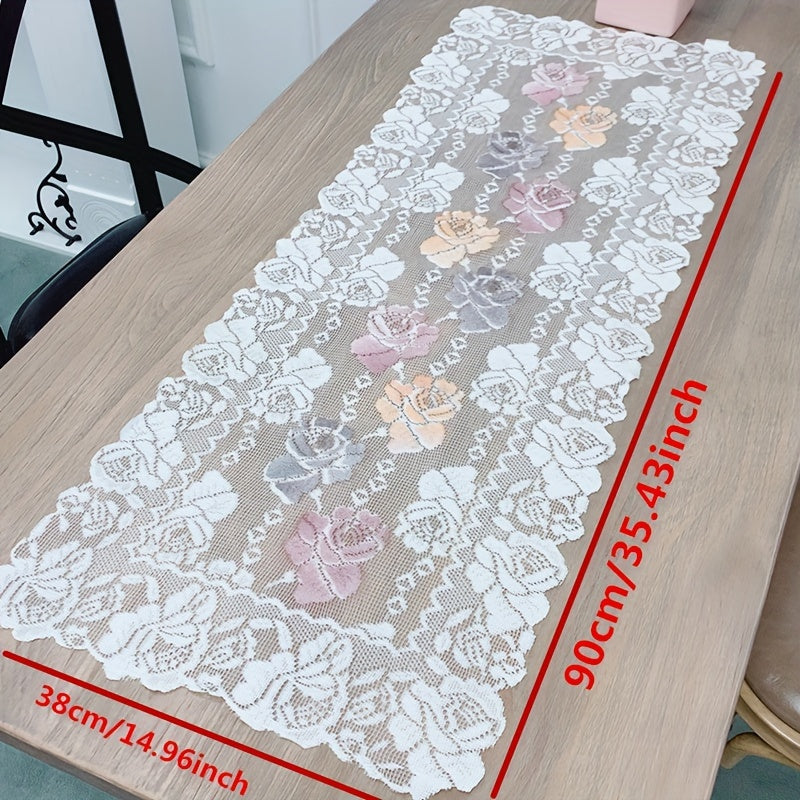 Polyester Lace Table Runner with Vintage Rose Design for Dining and Tea Tables