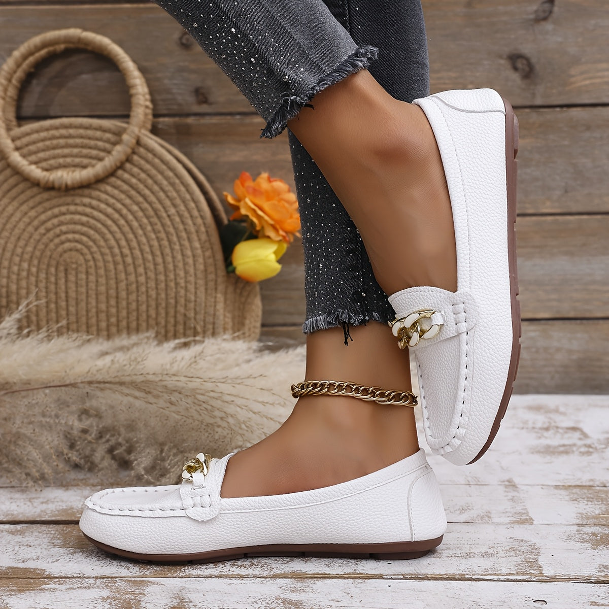 Zapatillas de ballet para mujer de material sintético con cadena dorada blanco beige negro