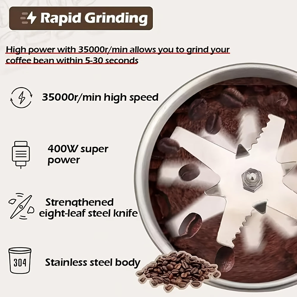 Electric Coffee Spice Grinder Stainless Steel 10s Quick Grind Compact