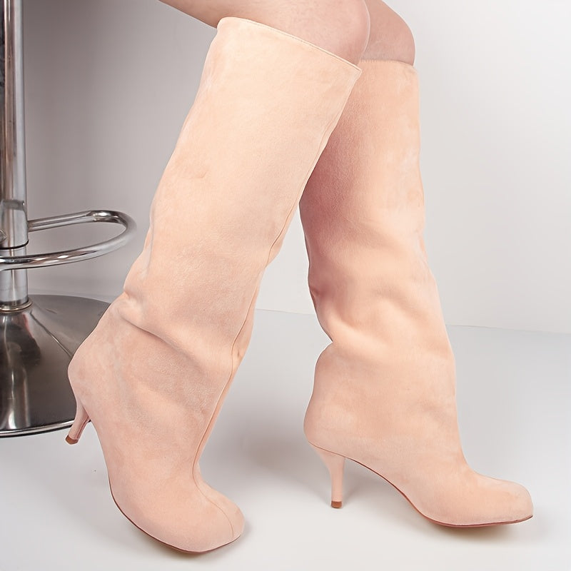 Women Beige Wide Calf Dress Boots Square Toe Slip-On High Heel