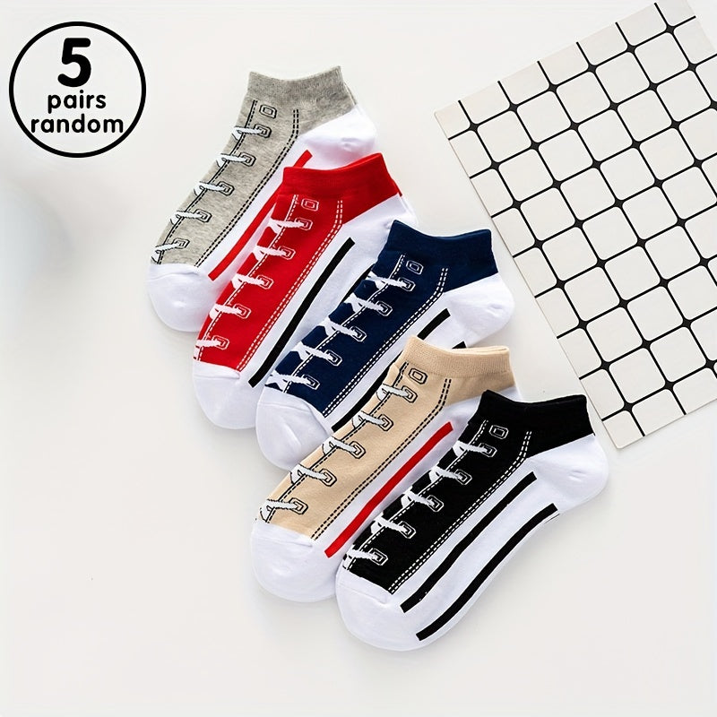 Men's Ankle Socks 5 Pairs Cartoon Shoelace Print Breathable Sweat-Absorbing