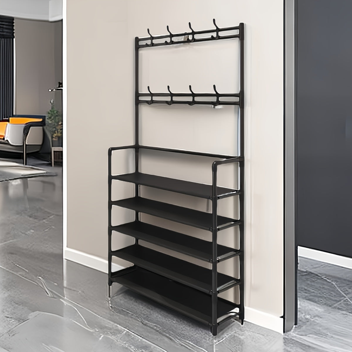 Metal Entryway Storage Rack with Shoe Shelves Hooks and Coat Stand in White or Black